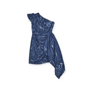 Shoshanna Midnight Slate Blue Katrina Draped One-Shoulder Sequin Mini Dress 4